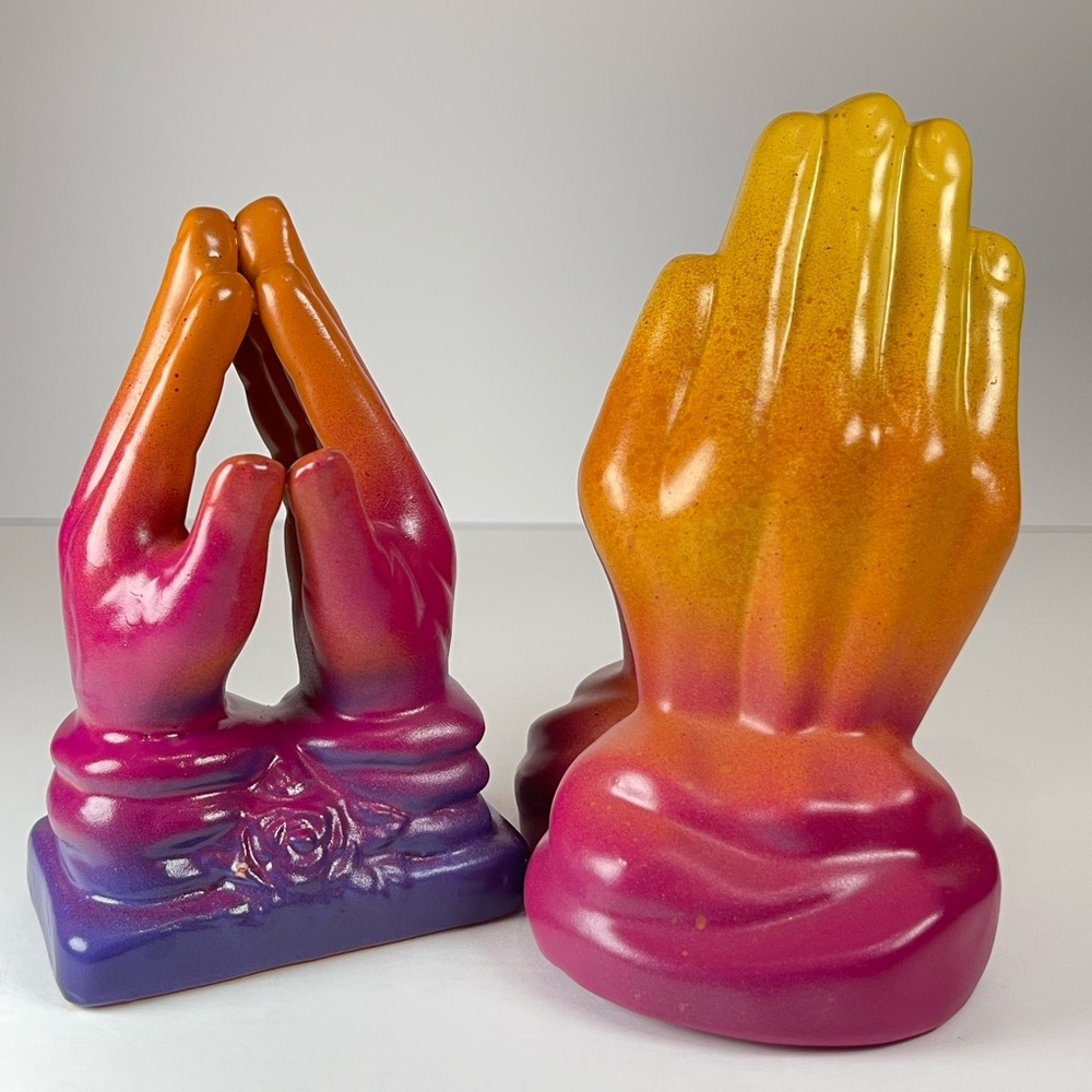 Set of 2 praying hands ceramic figurines, painted bright colors